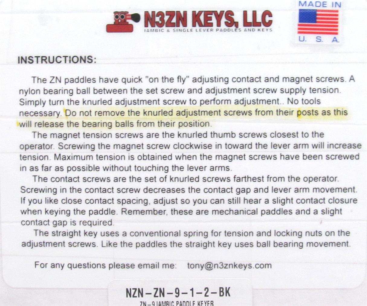 back number 直筆セットリスト N3ZN Keys ZN-9-1-2-BK N3ZN Keys ZN-9 Iambic Paddle Keys | DX